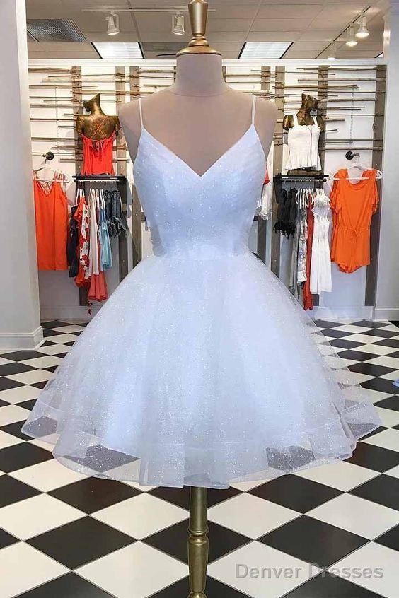 White Homecoming Dresses Spaghetti-Straps V Neck Short Homecoming Dresses