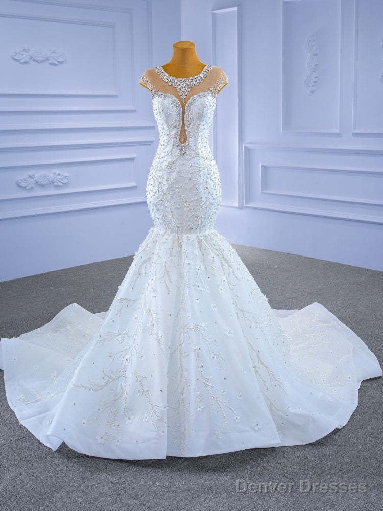 White Illusion Mermaid Tulle Cap Sleeve Beading Wedding Dress Main image