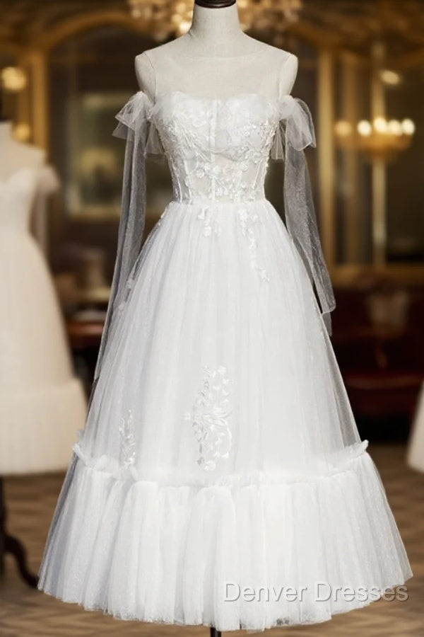 White Lace A-Line Tea Length Prom Dress Main image