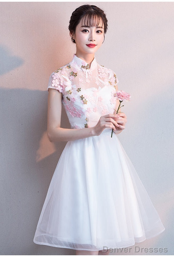 White Lace And Tulle High Neckline Short Graduation Dresses, Lovely White Short Party Dresses Secondary image