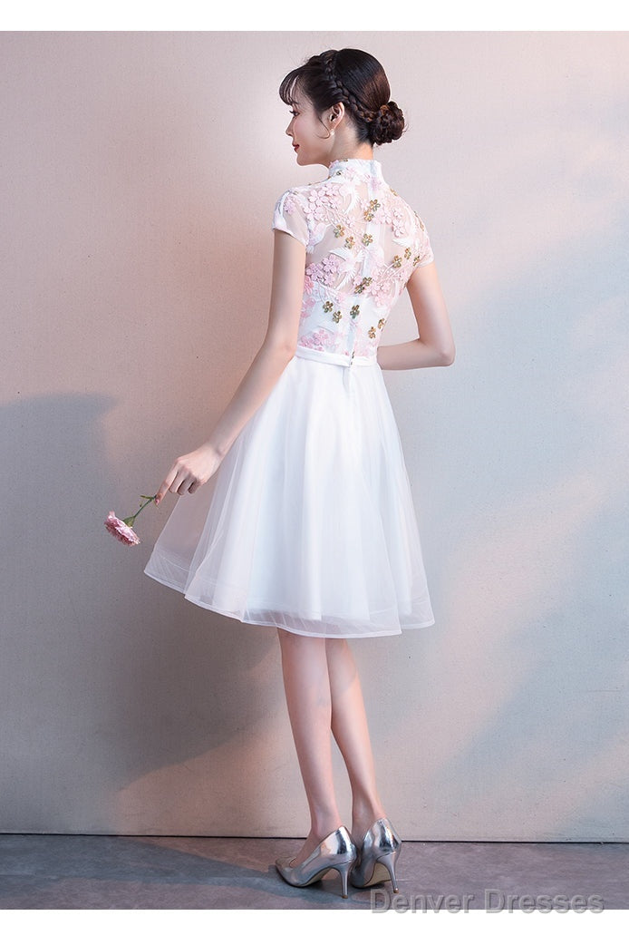 White Lace And Tulle High Neckline Short Graduation Dresses, Lovely White Short Party Dresses