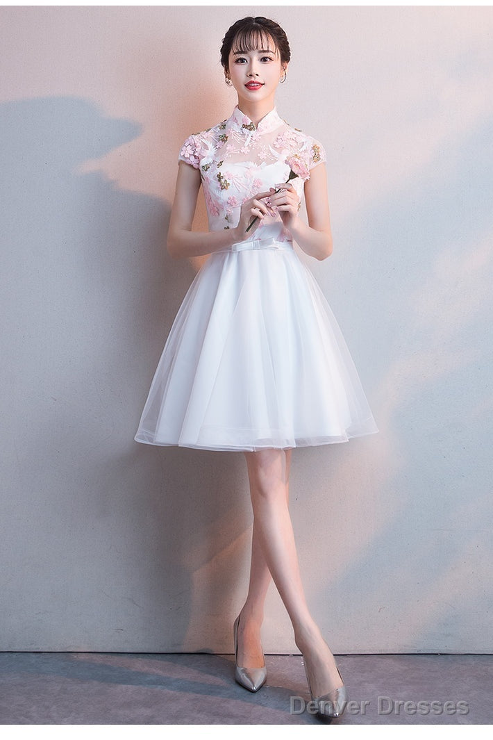 White Lace And Tulle High Neckline Short Graduation Dresses, Lovely White Short Party Dresses