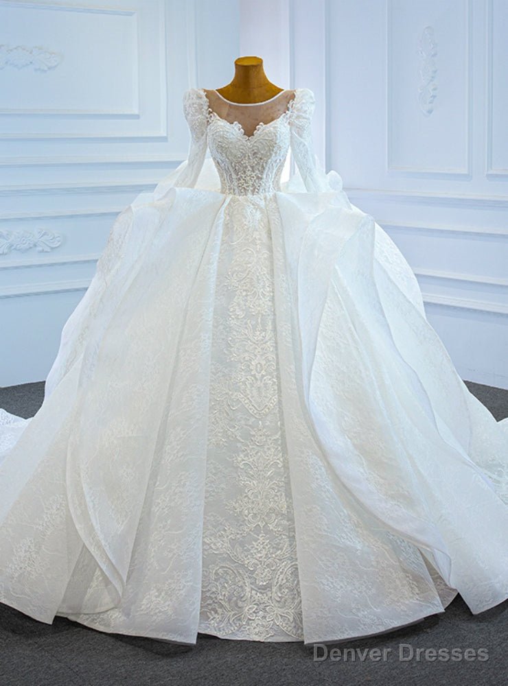White Lace Ball Gown Long Sleeve Beading Wedding Dress Main image