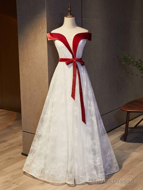 White Lace Burgundy Velvet Off the Shoulder Prom Dress Main image