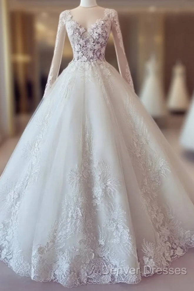 White Lace Long Sleeve Ball Gown Prom Dress Wedding Dress Main image