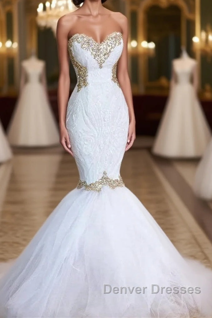 White Lace Mermaid Sweetheart Simple Wedding Dress for Sale Main image