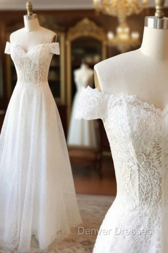 White Lace Off Shoulder Long Prom Dress White Lace Evening Dress Main image