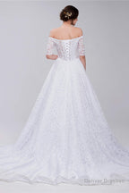 White Lace Off The Shoulder Short Sleeve Corset Wedding Dresses