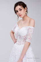 White Lace Off The Shoulder Short Sleeve Corset Wedding Dresses