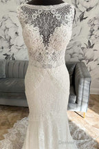 White Lace Open Back Mermaid Long Wedding Dress Beautiful