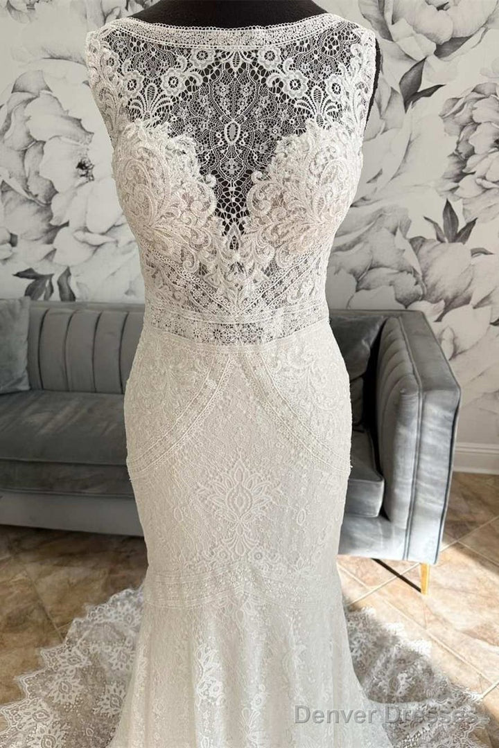 White Lace Open Back Mermaid Long Wedding Dress Beautiful