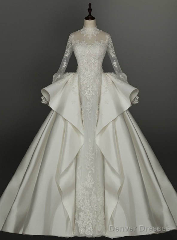 White Lace Satin Long Sleeve High Neck Backless Appliques Wedding Dress Main image