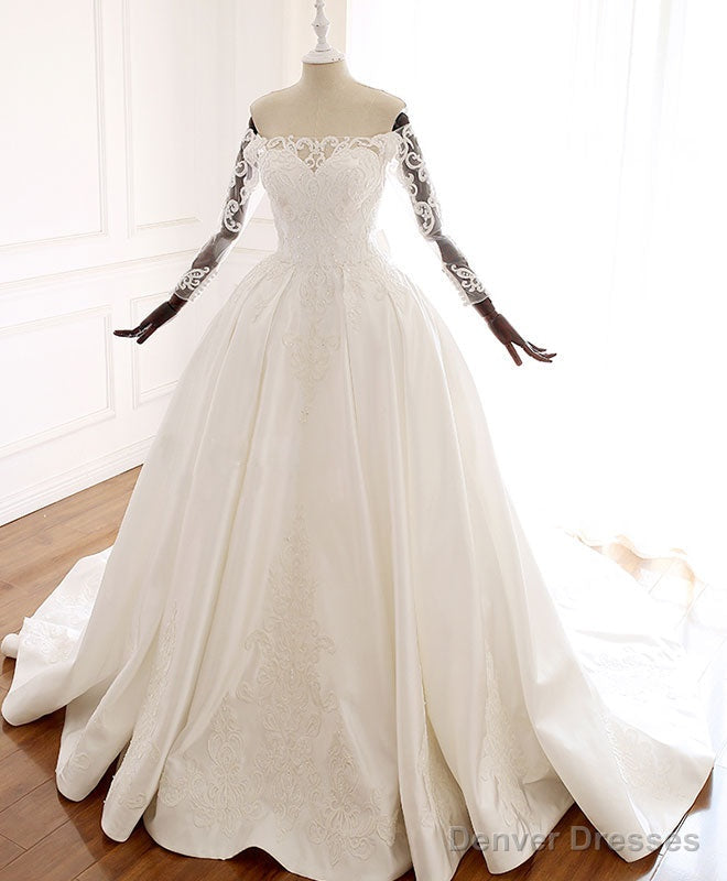 White Lace Satin Long Wedding Dress, Lace Satin Long Bridal Gown Secondary image