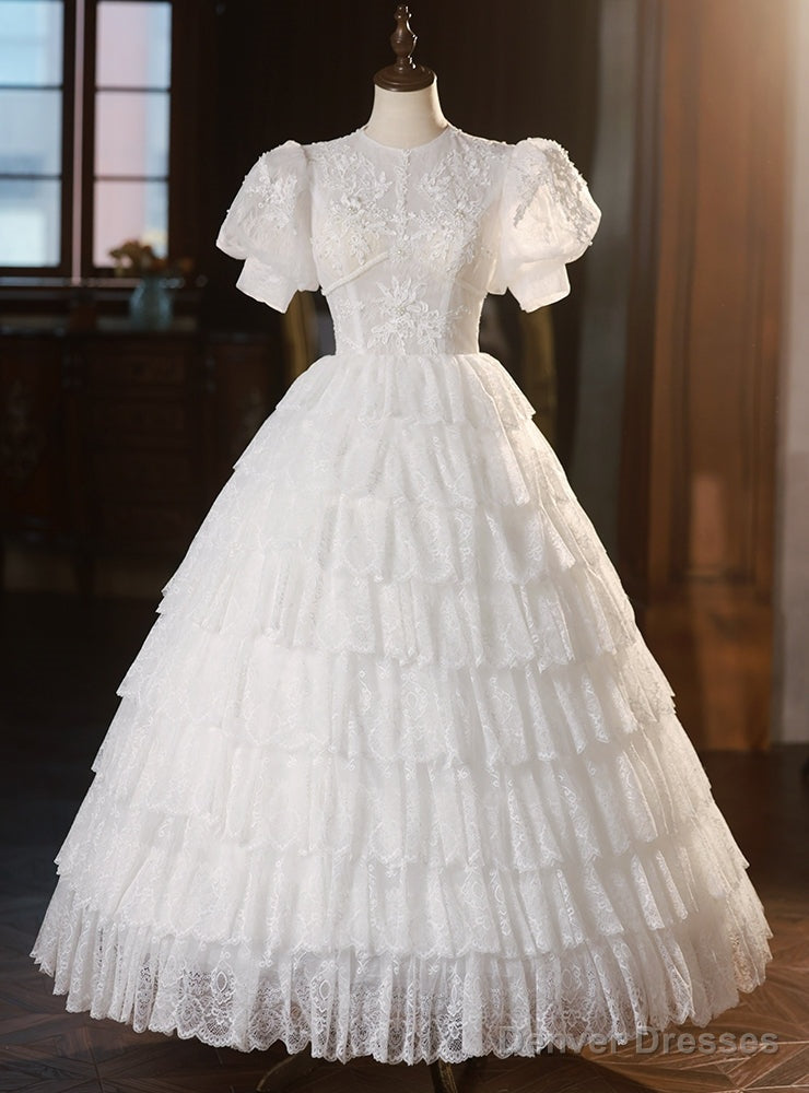 White Lace Short Sleeve Tiers Wedding Dress Main image