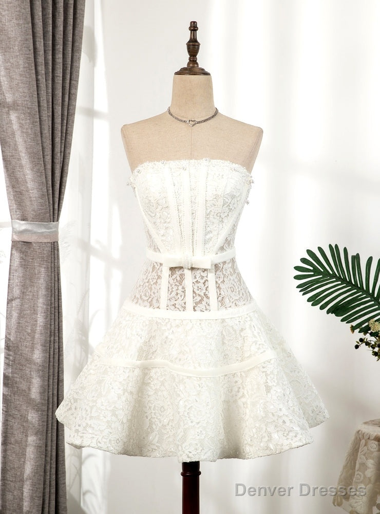 White Lace Strapless Pearls Homecoming Dress Main image