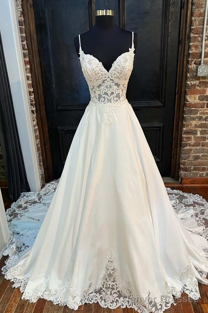 White Lace Sweetheart Backless A-Line Wedding Dress Long