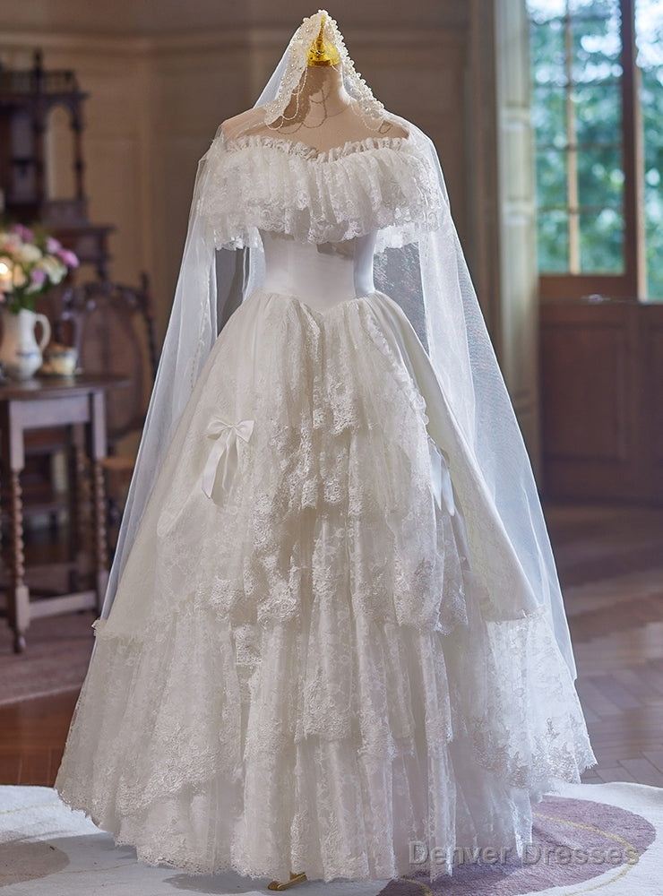 White Lace Tiers Off the Shoulder Wedding Dress Main image