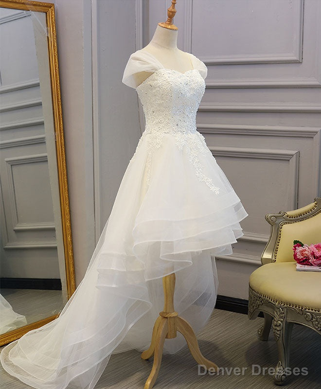 White Lace Tulle High Low Long Wedding Dress, Bridal Dress Secondary image
