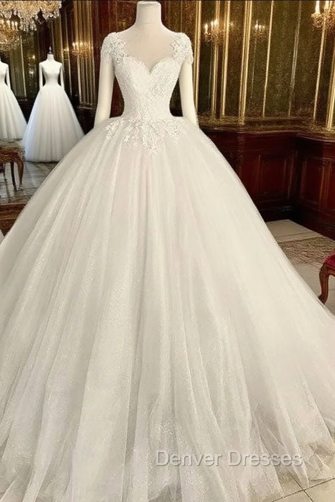White Lace Tulle Long Prom Dress, White Lace Wedding Dress Main image