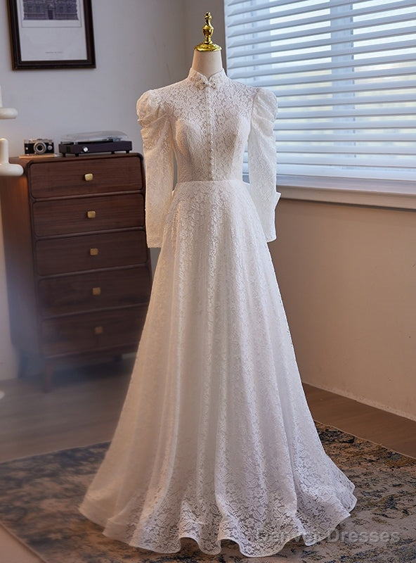 White Lace Tulle Long Sleeve High Neck Wedding Dress Main image
