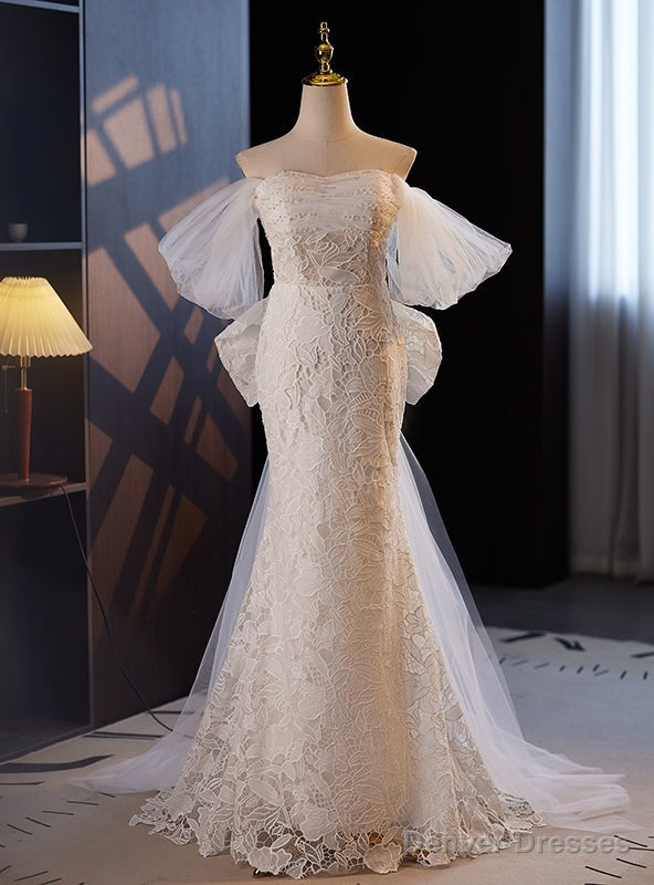 White Lace Tulle Off the Shoulder Bow Wedding Dress Main image