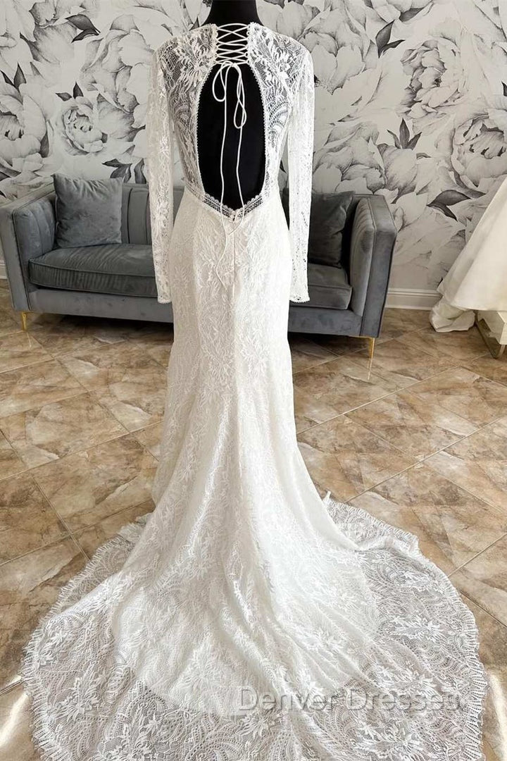 White Lace V-Neck Lace-Up Back Long Sleeve Mermaid Wedding Dress Sexy Secondary image