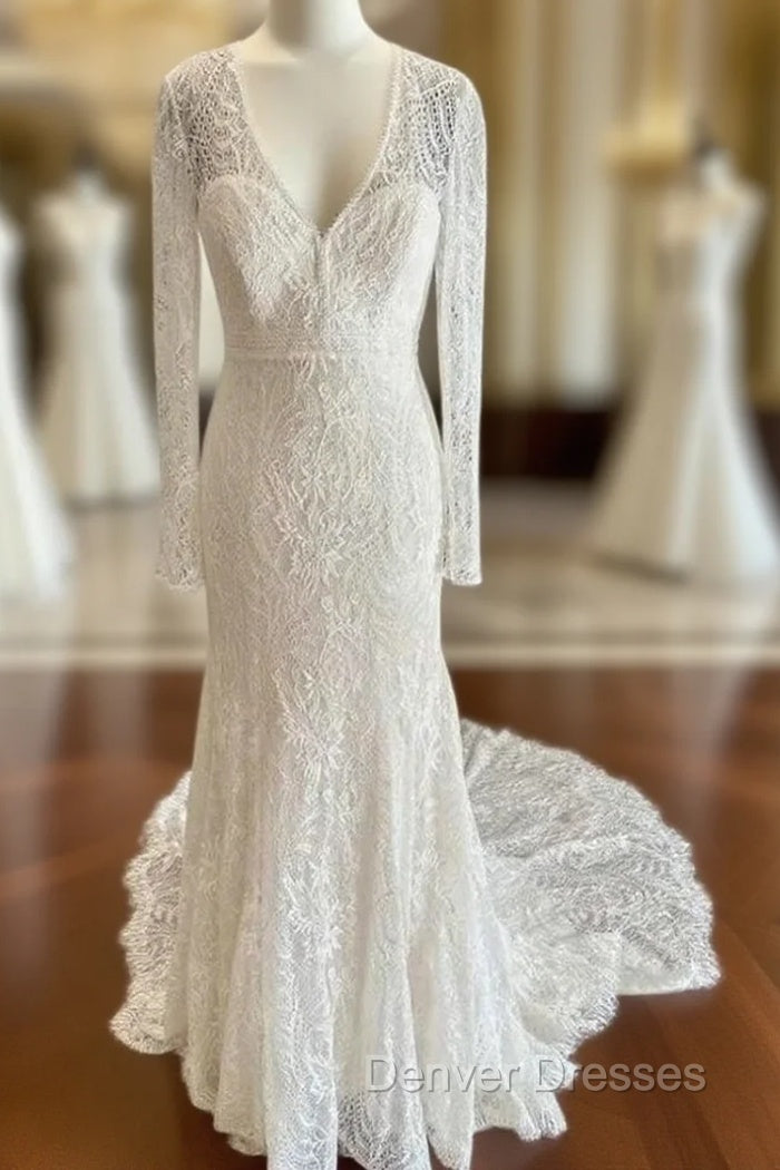 White Lace V-Neck Lace-Up Back Long Sleeve Mermaid Wedding Dress Sexy