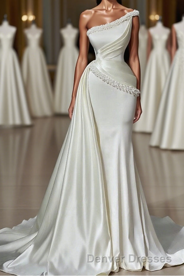 White Long Mermaid One Shoulder Satin Beads Formal Prom Dress Main image