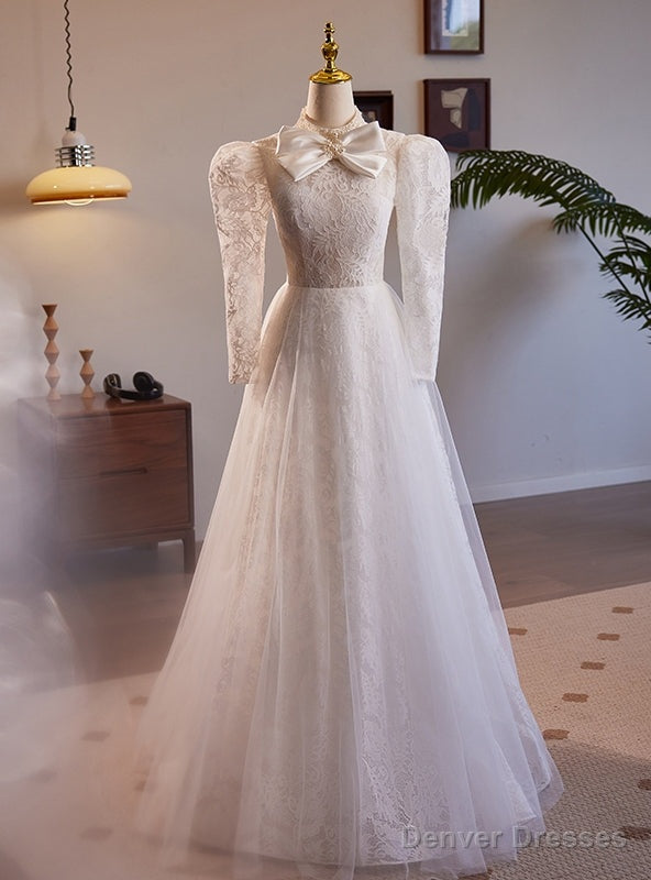 White Long Sleeve Lace High Neck Wedding Dress Main image