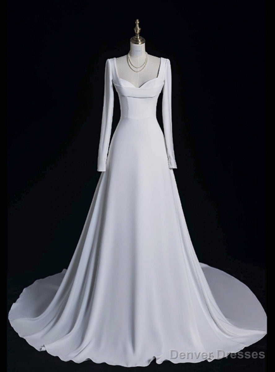 White Long Sleeve Square Neck Wedding Dress Main image