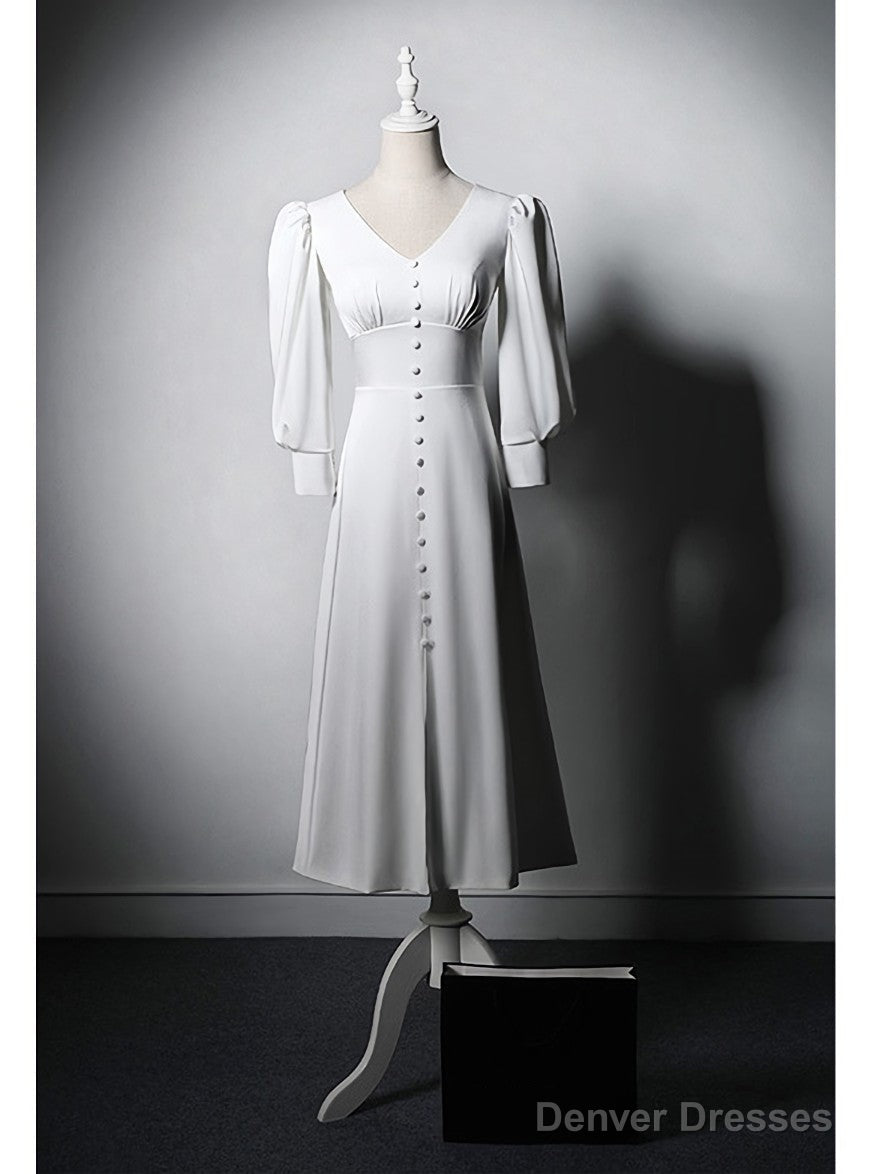 White Long Sleeve V-neck Button Wedding Dress Main image
