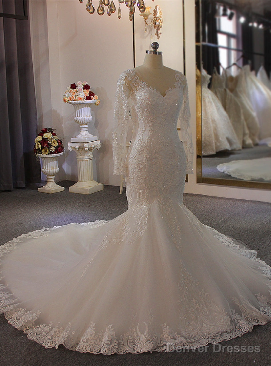White Long Sleeve V-neck Pearls Wedding Dress Main image