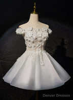 White Lovely Short Tulle With Lace Off Shoulder Party Dress, White Graduation Dress Prom Dress