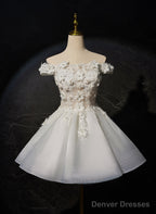 White Lovely Short Tulle With Lace Off Shoulder Party Dress, White Graduation Dress Prom Dress
