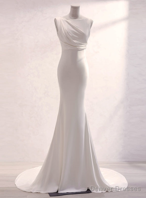 White Mermaid Backless Pleats Wedding Dress Main image