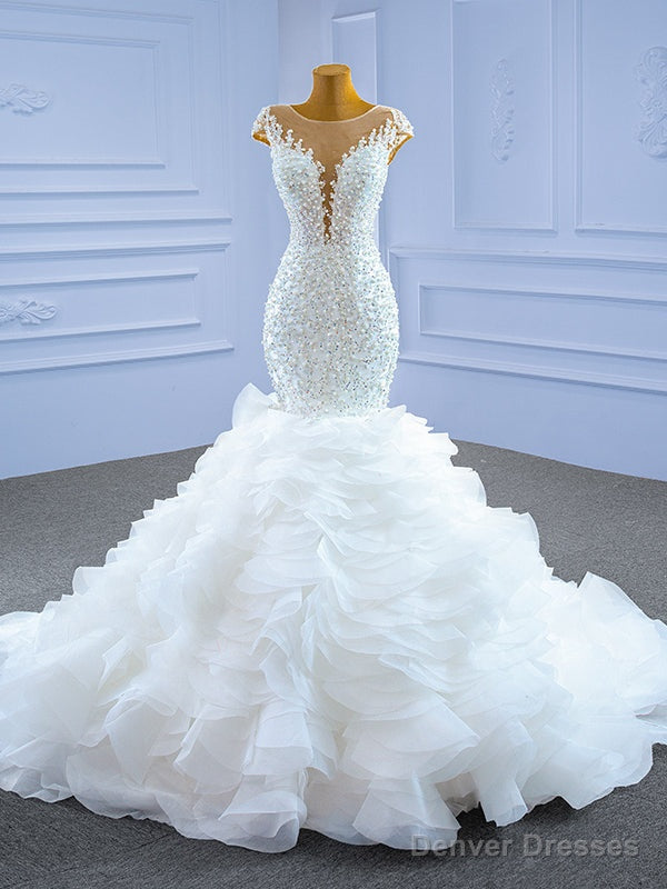 White Mermaid Beading Pearls Cap Sleeve Wedding Dress Main image