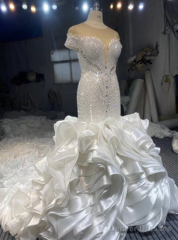 White Mermaid Cap Sleeve Organza Beading Crystal Wedding Dress Main image