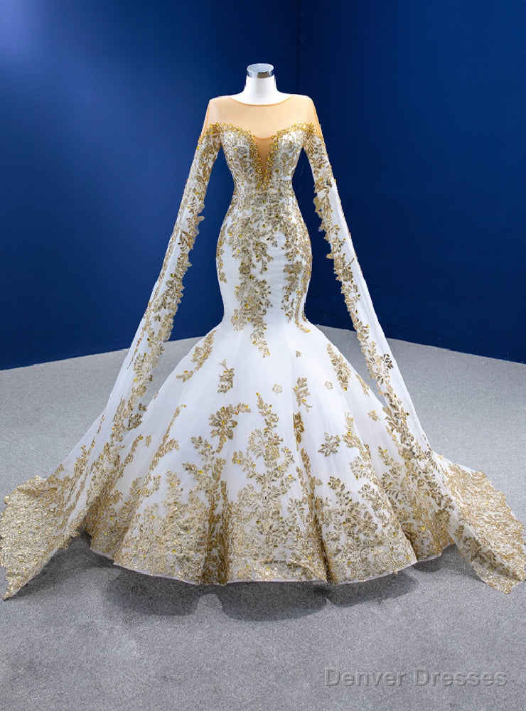 White Mermaid Gold Sequins Appliques Prom Dress Main image
