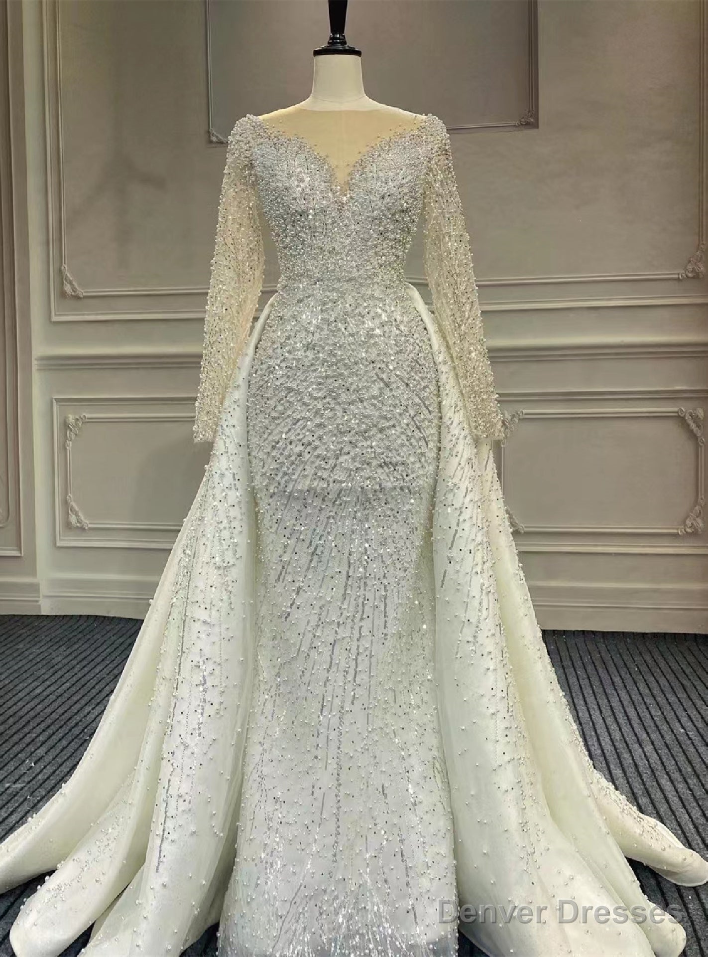 White Mermaid Heavy Beading Long Sleeve Backless Wedding Dress Main image