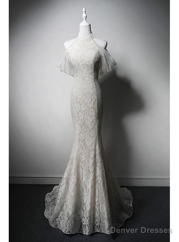 White Mermaid Lace Backless Pearls Wedding Dress Main image
