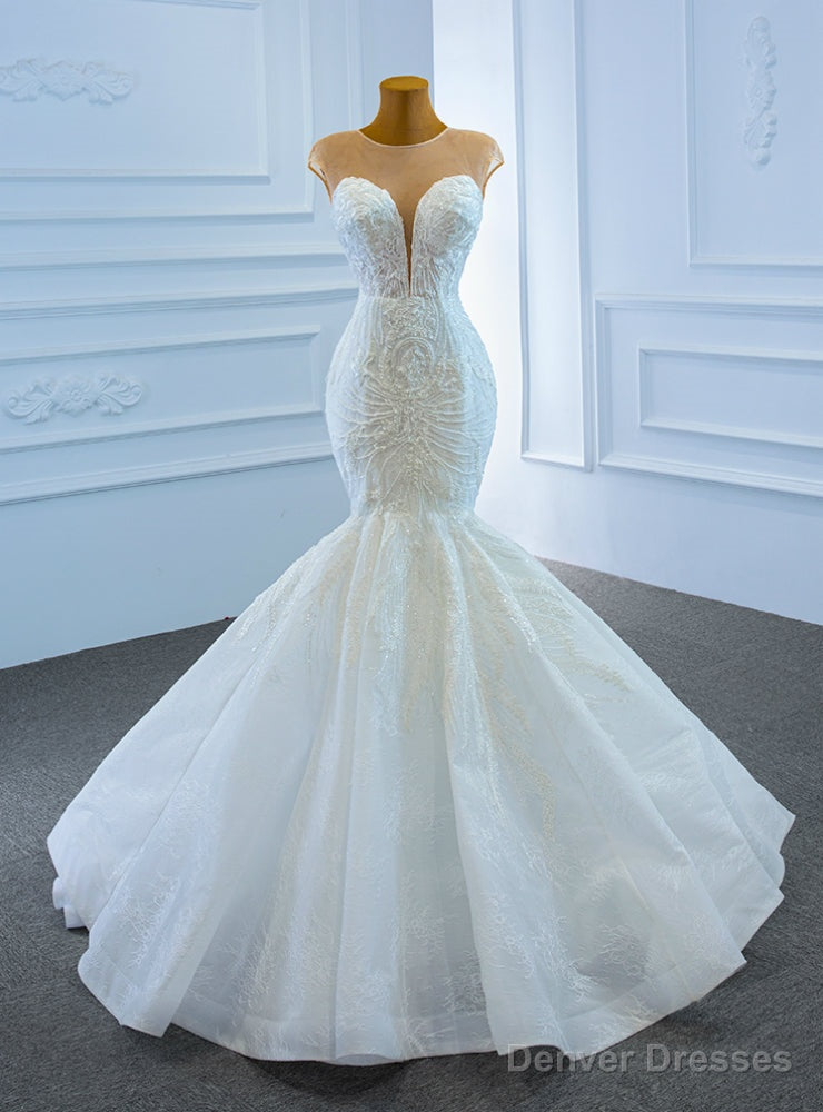White Mermaid Lace Cap Sleeve Beading Wedding Dress Main image