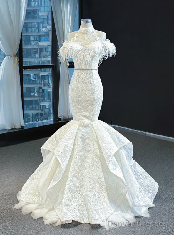 White Mermaid Lace Halter Beading Feather Prom Dress Main image
