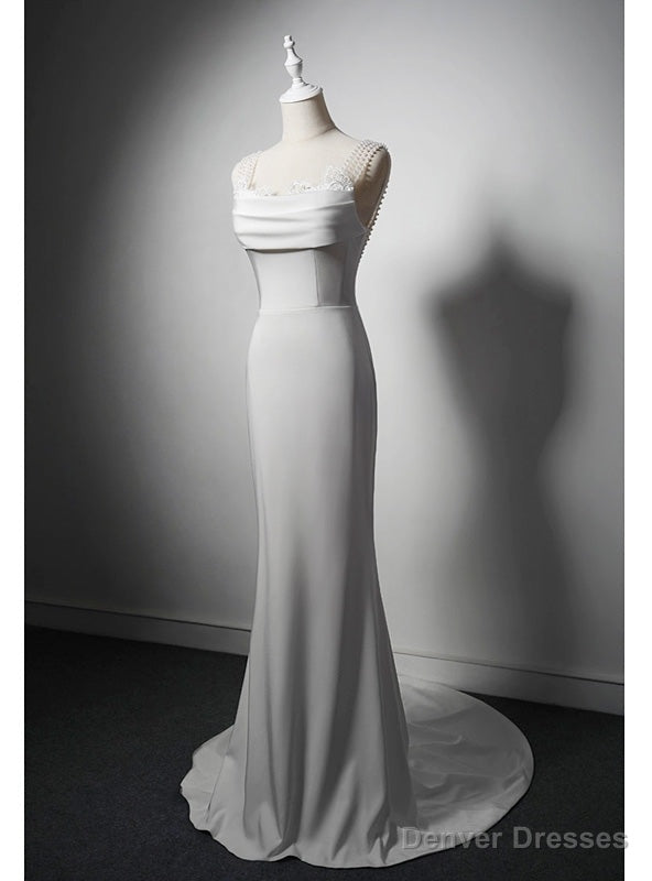 White Mermaid Lace Pearls Wedding Dress Main image