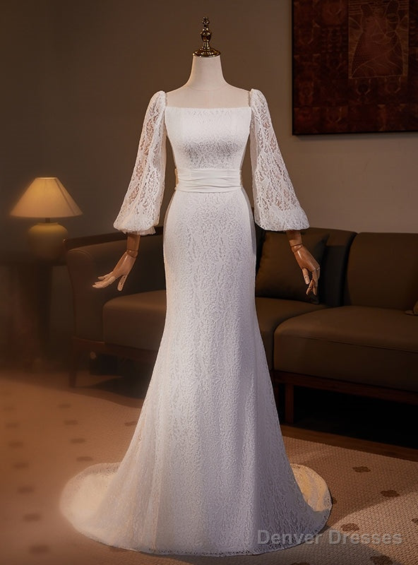 White Mermaid Lace Puff Sleeve Wedding Dress Main image