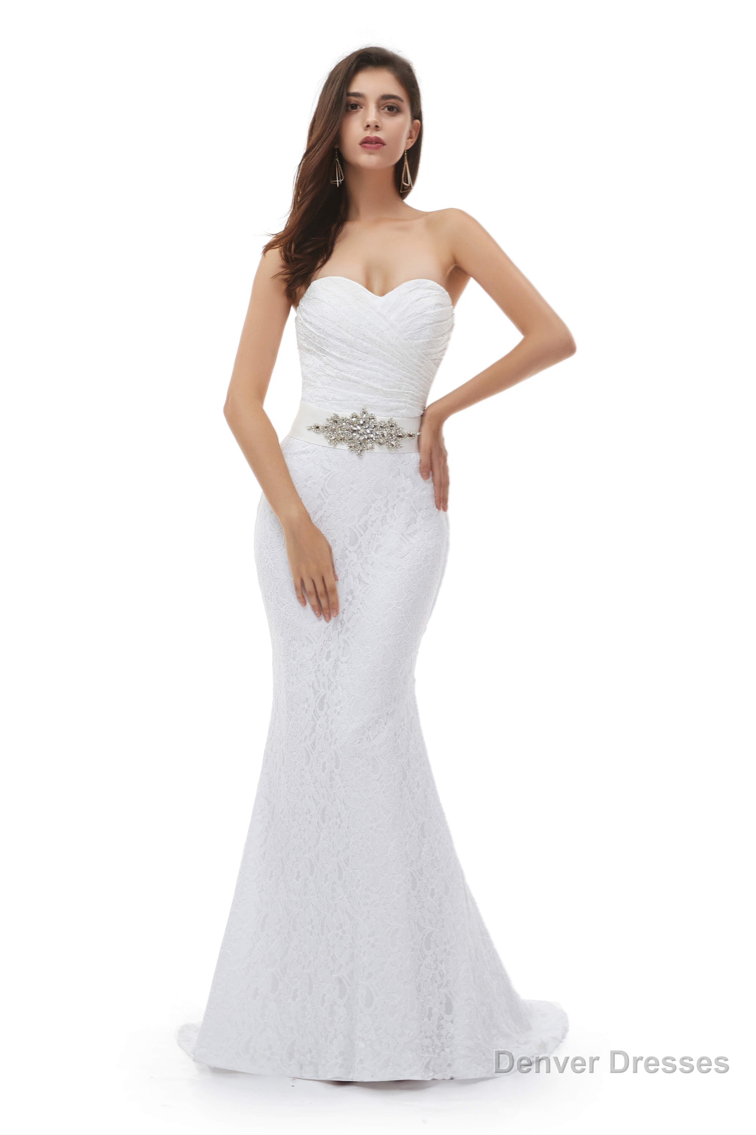 White Mermaid Lace Sweetheart Pleats Belt Wedding Dresses Secondary image