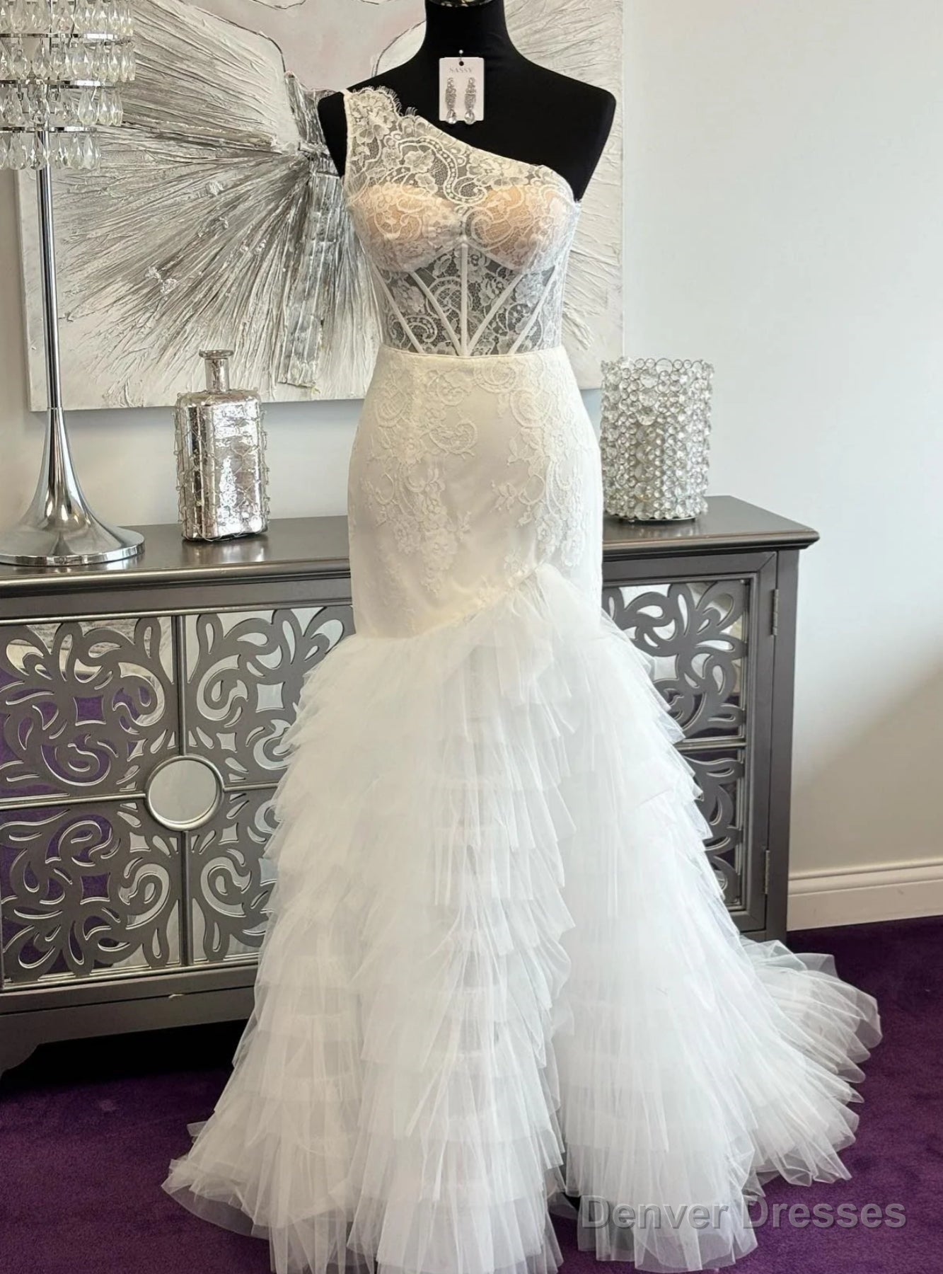 White Mermaid Lace Tulle One Shoulder Prom Dress Main image