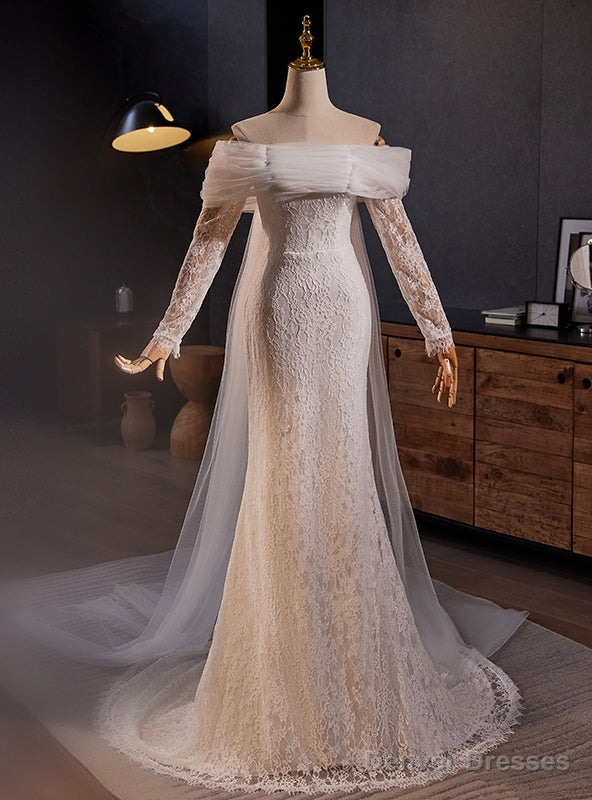 White Mermaid Lace Tulle Pleats Long Sleeve Wedding Dress Main image