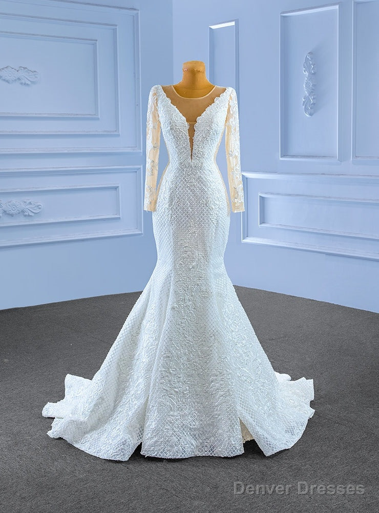 White Mermaid Long Sleeve Appliques Wedding Dress Main image