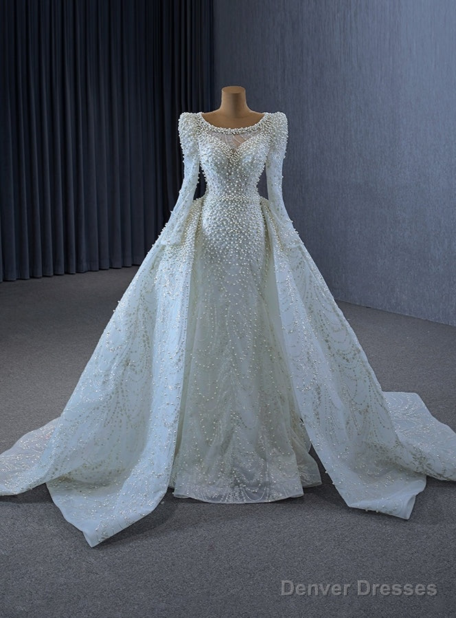 White Mermaid Long Sleeve Pearls Wedding Dress Main image