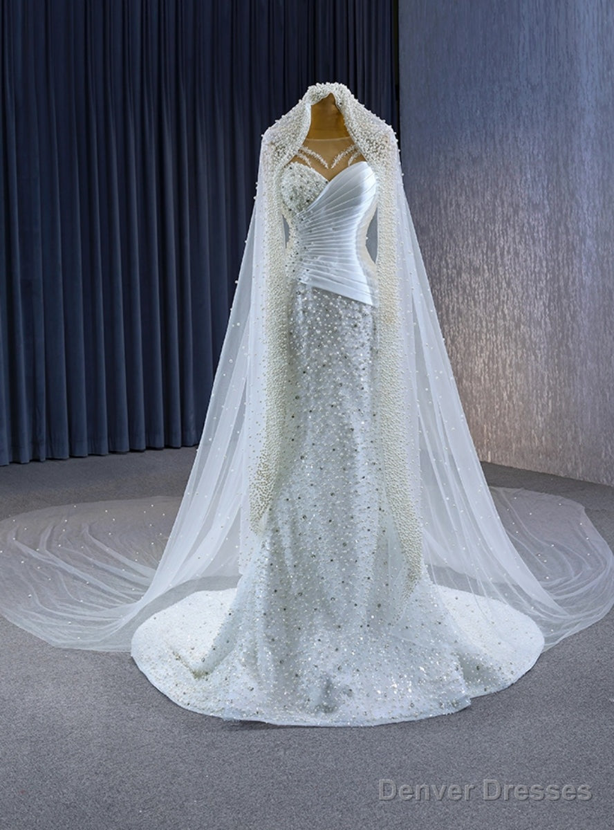 White Mermaid Long Sleeve Sequins Beading Pearls Wedding Dress Main image